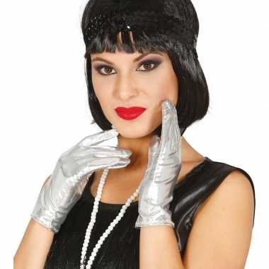 Korte verkleed handschoenen metallic zilver 22 cm prijs