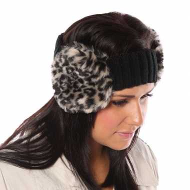 Zwarte hoofdband met oorwarmers met luipaardprint prijs