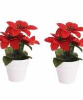 Vergelijk 2x budget kunstplanten rode poinsettia bloem met pot 16 cm prijs