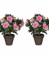 Vergelijk 2x nep planten groene azalea kunstplanten met roze bloemen 27 cm met pot stan grey prijs