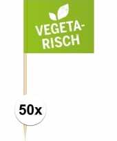 Vergelijk 50x vlaggetjes prikkers vegetarisch 8 cm hout papier prijs