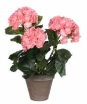 Vergelijk nep planten roze hortensia kunstplanten 40 cm met oranje bloemen en grijze pot prijs