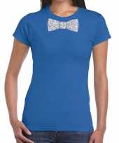 Vergelijk vlinderdas t-shirt blauw met zilveren glitter strikje dames prijs
