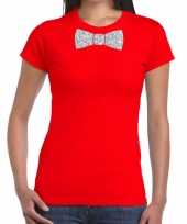 Vergelijk vlinderdas t-shirt rood met zilveren glitter strikje dames prijs