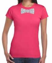Vergelijk vlinderdas t-shirt roze met zilveren glitter strikje dames prijs